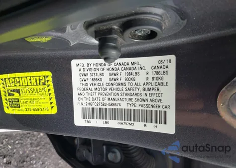 2018 Honda Civic Lx z USA, uszkodzony, nr VIN 2HGFC2F58JH589474